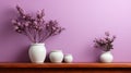 White Vases With Purple Flowers On Shelf: Zbrush Style Monochromatic Decor Royalty Free Stock Photo