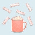 White vector outline isolated cute candies with hearts, pink patterned cup of hot coffee or chocolate and cartoon marshmallows on Royalty Free Stock Photo