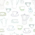 White pattern with cup and coffee pot. Royalty Free Stock Photo