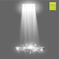 White vector spotlight light effect on transparent background. Concert scene with sparks illuminated by glow ray Royalty Free Stock Photo