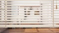 White venetian blinds close up view, over farmhouse scandinavian hallway with bench, interior design, privacy concept