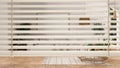 White venetian blinds close up view, over scandinavian living room with sofa, carpet, table and potted plants, interior design,