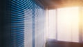 White Venetian blinds with sunlight and shadow. Window blinds