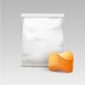 White Vertical Sealed Transparent Plastic Bag for Package Design with Stack of Potato Crispy Chips Close up