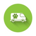 White Veterinary ambulance icon isolated with long shadow. Veterinary clinic symbol. Green circle button. Vector Royalty Free Stock Photo