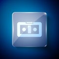 White VHS video cassette tape icon isolated on blue background. Square glass panels. Vector Illustration