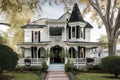 a white victorian house with black shutters and a wrap-around porch Royalty Free Stock Photo