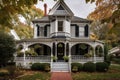 a white victorian house with black shutters and a wrap-around porch Royalty Free Stock Photo