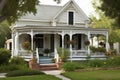 a white victorian house with black shutters and a wrap-around porch Royalty Free Stock Photo
