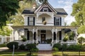 a white victorian house with black shutters and a wrap-around porch Royalty Free Stock Photo