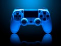 White video game joystick gamepad in blue neon lights isolated on a black