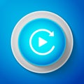 White Video play button like simple replay icon isolated on blue background. Circle blue button with white line