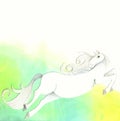 A white, vigorous horse jumping on a yellow green background