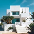 White villa over blue sky. Traditional mediterranean residential architecture Created with generative Ai Royalty Free Stock Photo