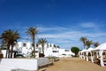 The white villas, palms and blue greece sky. Royalty Free Stock Photo