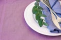 White vintage ornament ceramic plate folded blue napkin fork knife silver dollar eucalyptus branch on purple cotton cloth