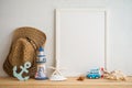 White vintage photo frame on old wooden table over white wall ba Royalty Free Stock Photo