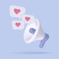 White and violet megaphone with flying icons in bubbles with hearts isolated on lilac background. Vector 3d render