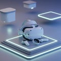 White virtual reality headset and controllers resting on a square platform with glowing Royalty Free Stock Photo
