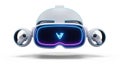 White virtual reality VR headset with blue purple gradient design and matching controllers isolated on plain white background Royalty Free Stock Photo