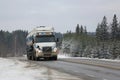 White Volvo NH12 Semi Tank Truck on Winter Road