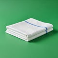 White, waffle-patterned towel neatly folded on a solid green surface. A single blue strip Royalty Free Stock Photo