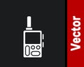 White Walkie talkie icon isolated on black background. Portable radio transmitter icon. Radio transceiver sign. Vector Royalty Free Stock Photo