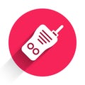 White Walkie talkie icon isolated with long shadow. Portable radio transmitter icon. Radio transceiver sign. Red circle Royalty Free Stock Photo