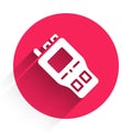 White Walkie talkie icon isolated with long shadow. Portable radio transmitter icon. Radio transceiver sign. Red circle Royalty Free Stock Photo