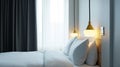 white wall bed room interior at the hotel. modern bedroom suite in hotel. AI Generative Royalty Free Stock Photo