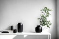 White wall and a black tabletop background with a black vase and plant on it