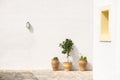 White wall with electric lamp and three flower pots Royalty Free Stock Photo