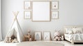 White wall with an empty vertical picture frame in a contemporary kids\' room. Generative AI Royalty Free Stock Photo
