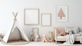 White wall with an empty vertical picture frame in a contemporary kids\' room. Generative AI Royalty Free Stock Photo