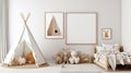 White wall with an empty vertical picture frame in a contemporary kids\' room. interior mockup in the Scandinavian design. Royalty Free Stock Photo