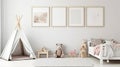 White wall with an empty vertical picture frame in a contemporary kids\' room. interior mockup in the Scandinavian design Royalty Free Stock Photo