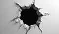 White wall with large circular hole, jagged black border. Dramatic visual effect, stark contrast. Hole in wall, black edge, blank Royalty Free Stock Photo