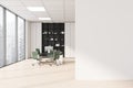 White wall of stylish workspace interior with green details