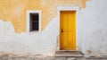 A white wall with a yellow door and window. Generative AI Royalty Free Stock Photo