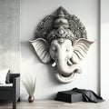 A white walled room with a statue of an Indian mythological God Lord Ganesha as Mural. Ai generated Royalty Free Stock Photo