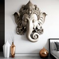 A white walled room with a statue of an Indian mythological God Lord Ganesha as Mural. Ai generated Royalty Free Stock Photo