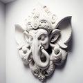 A white walled room with a statue of an Indian mythological God Lord Ganesha as Mural. Ai generated Royalty Free Stock Photo