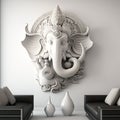 A white walled room with a statue of an Indian mythological God Lord Ganesha as Mural. Ai generated Royalty Free Stock Photo