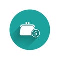 White Wallet with coins icon isolated with long shadow. Purse icon. Cash savings symbol. Green circle button. Vector Royalty Free Stock Photo