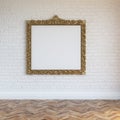 White Walls Brick Interior With Golden Carved Frame And Hardwood