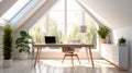 White walls with desk and sunlight rays streaming through windows, Home office for remote work Royalty Free Stock Photo