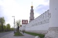 White walls, towers and belfry of medieval Novodevichy convent in Moscow. Sunny spring view. Royalty Free Stock Photo