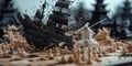 white warrior battles giant black ship on chessboard, creating chaos Royalty Free Stock Photo