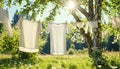 White washed laundry hangs on a line in the beautiful nature in the summer sunshine