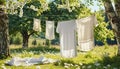 White washed laundry hangs on a line in the beautiful nature in the summer sunshine Royalty Free Stock Photo